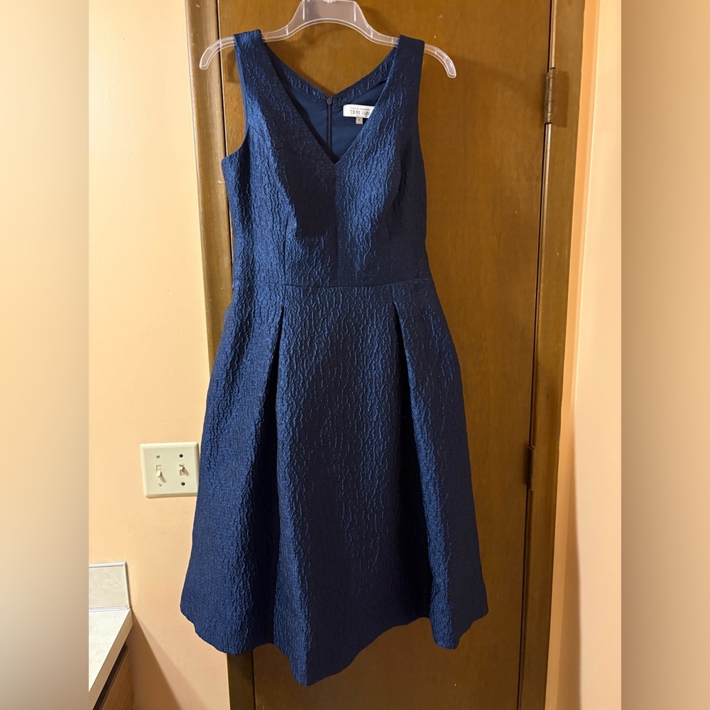 Ricki Freeman Teri Jon blue crepe tie waist tulle skirt midi dress